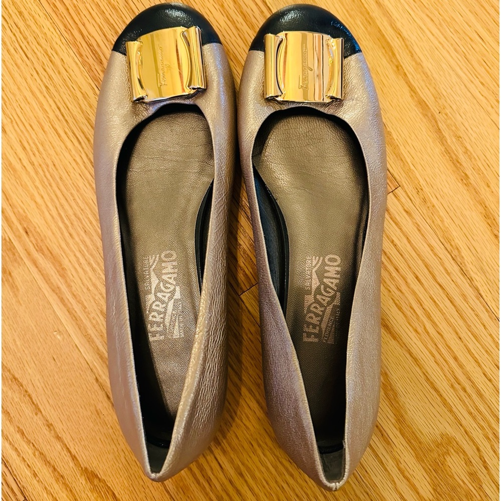 Ferragamo gold, and black ballet flat shoes. Barely worn!!